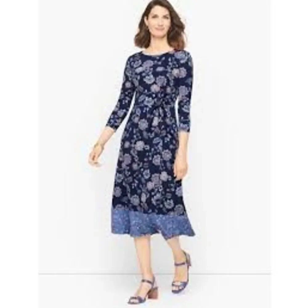 Talbots Size 14 Petite Floral Paisley 3/4 Sleeve Midi Dress Blue Modest Spring